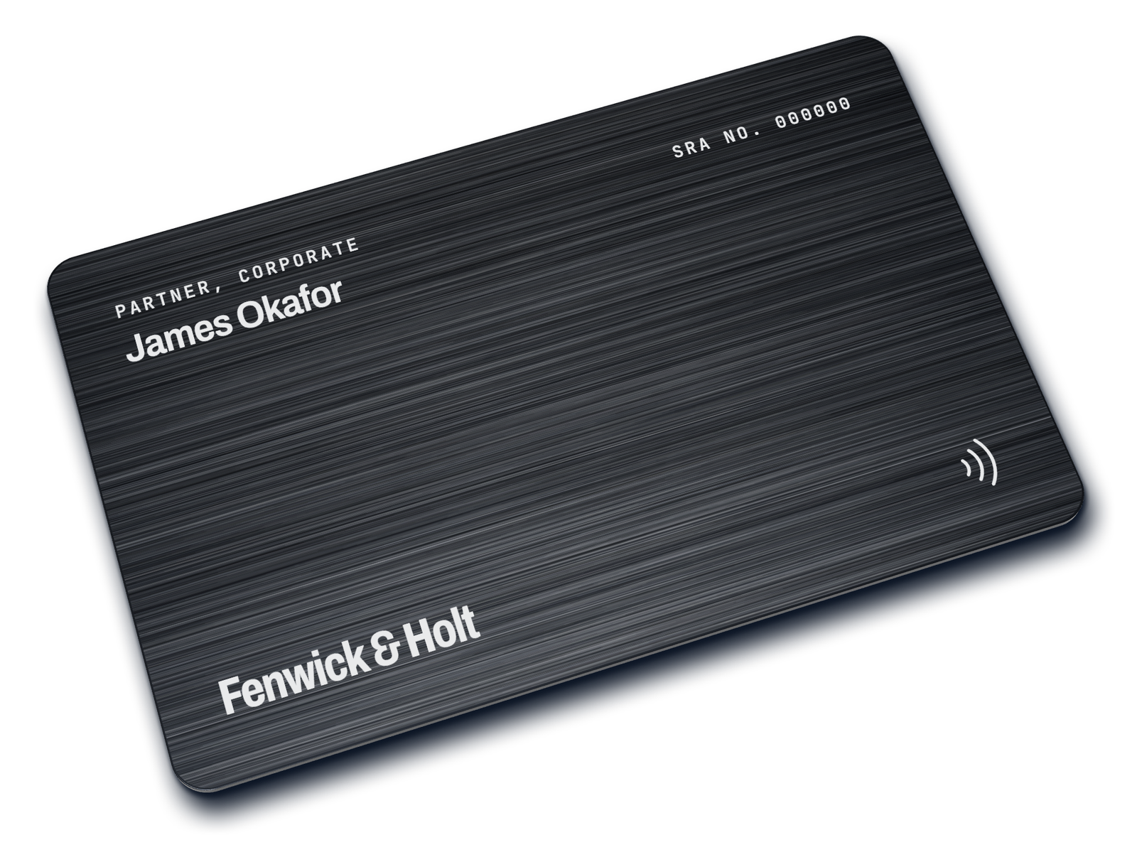 A black brushed stainless steel CX3 card, angled, showing a name, a job title and an NFC symbol.