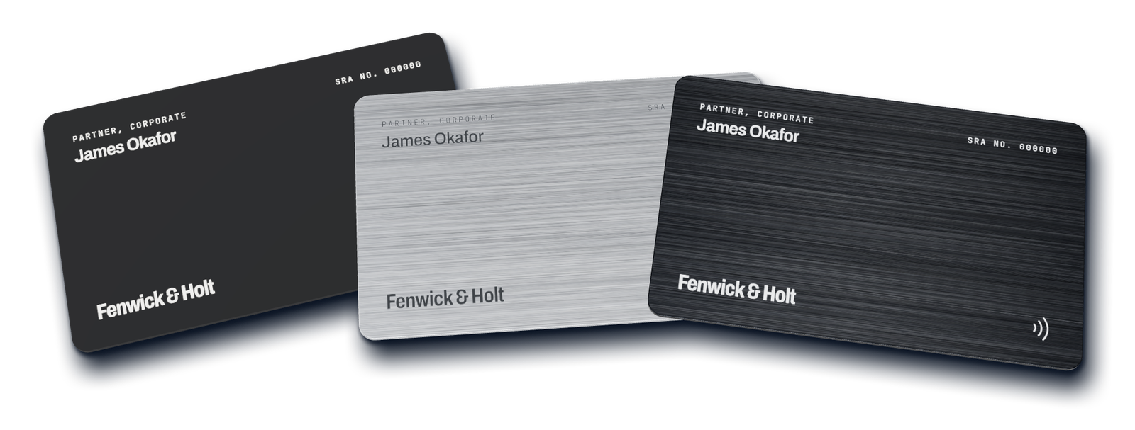 Three CX3 cards fanned side by side: matte black PVC, brushed stainless steel, and black brushed stainless steel.